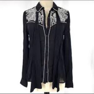 Zara Embroidered Button Tie Neck Down Size XS